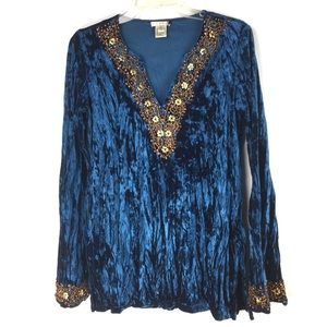 Embroidered V-Neck Velvet Tunic Top - Blue